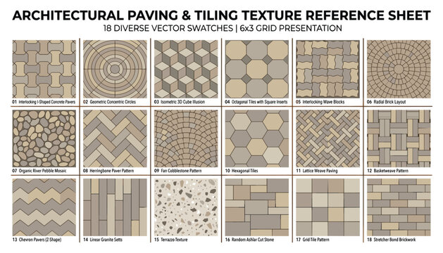 Architectural paving and tiling texture reference sheet 18 diverse vector swatches 6x3 grid presentation transparent.