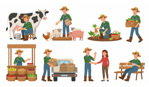 Farmer Daily Life Activities and Routine Vector Set