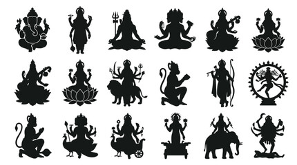 Fototapeta premium Black silhouette collection featuring various divine hindu mythological figures.