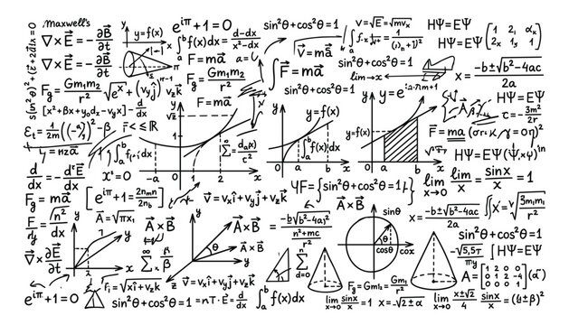 Complex mathematical formulas and physics equations, scientific calculations with graphs and diagrams on transparent background.