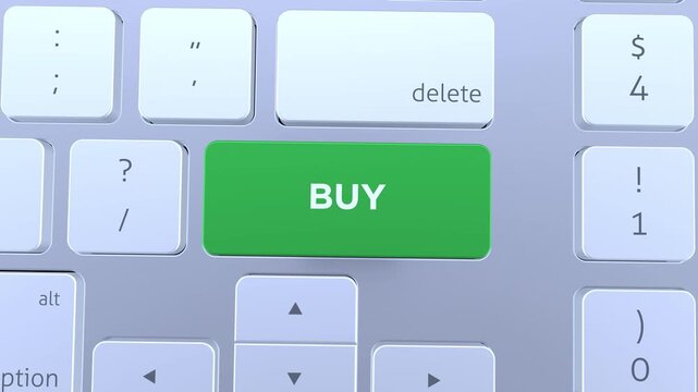 3D Animation of Buy key or button pressed on a computer keyboard. Buy concept 4k video.
