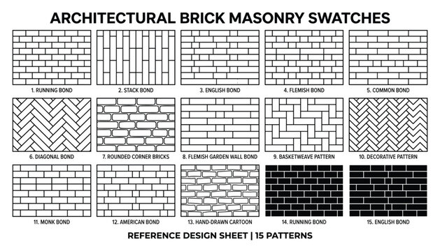 Architectural brick masonry swatches with 15 different decorative patterns and bonds vector illustration on transparent background.