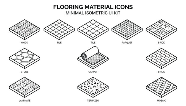 Minimal isometric flooring material icons set isolated on transparent background vector illustration for interior design and building projects.