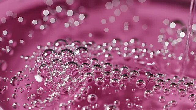 Closeup of pink liquid with effervescent bubbles rising.