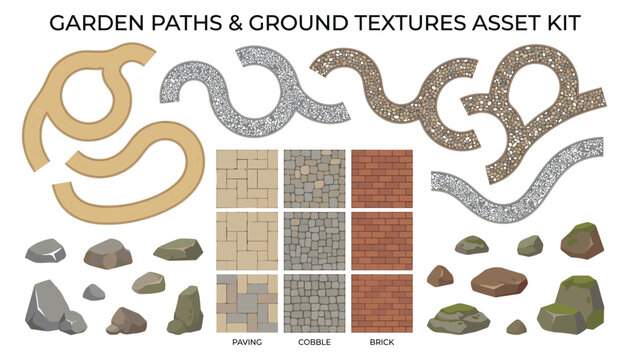 Garden path construction kit vector set with stone paving cobble brick textures and boulders isolated on transparent background for game.