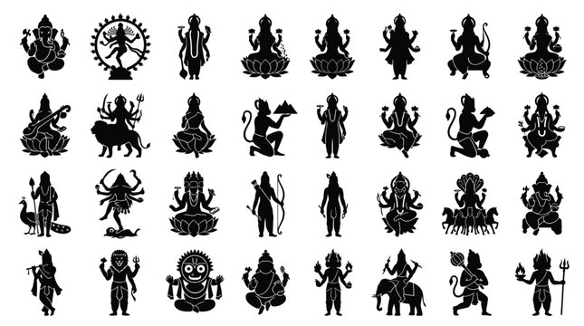 Diverse hindu gods collection with various avatars and religious indian symbols.