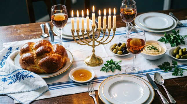 Traditional jewish hanukkah table setting with menorah and challah bread on a wooden table