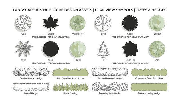 Named landscape architecture design assets featuring plan view symbols for trees and hedges on transparent background as a high quality vector.