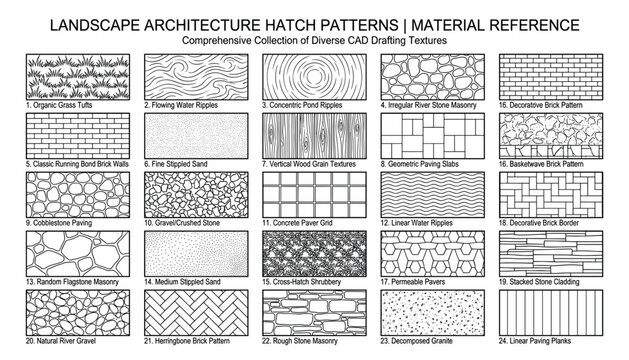 Landscape architecture hatch patterns and material reference collection for cad drafting textures on transparent background in high res vector.