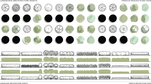 Comprehensive landscape architecture assets bundle containing plan view trees and hedges on transparent background in professional vector style.