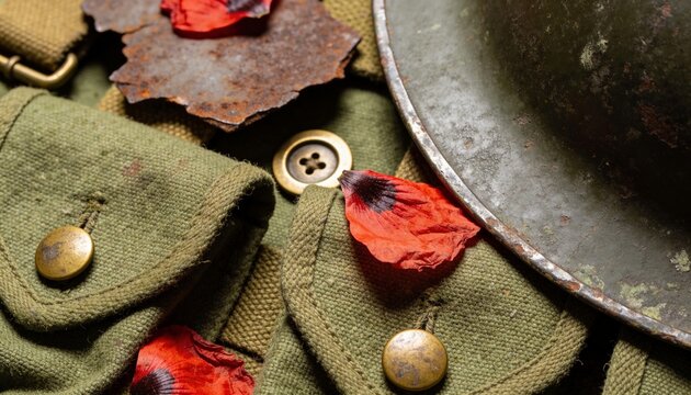 Close-up of red poppy petals on vintage military canvas pouches and a green helmet. D-day anniversary and remembrance day concept. Rusty metal shrapnel on old army equipment