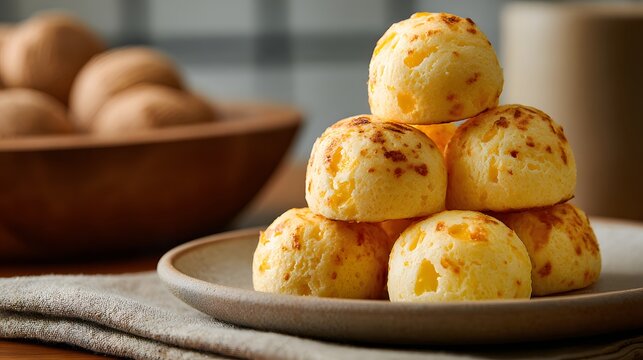 Traditional Brazilian p&atilde;o de queijo cheese bread served on plate.