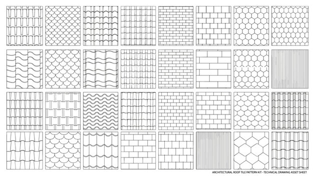 Architectural roof tile patterns technical drawing vector illustration, construction design elements.