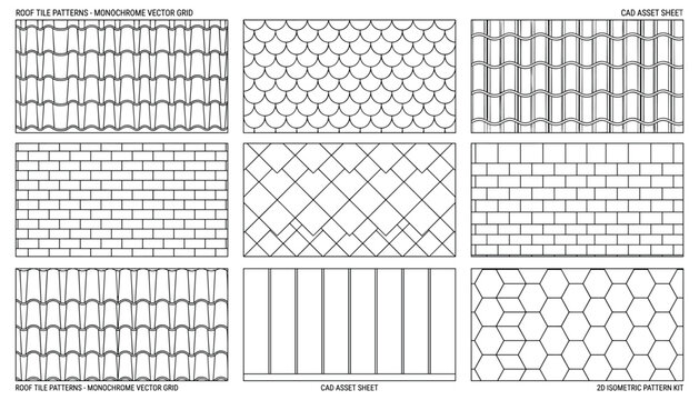 Monochrome vector grid patterns of architectural roof tiles for seamless design, modern graphic elements with transparent background.