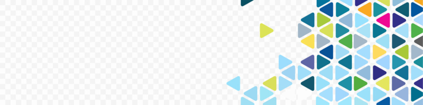 Modern horizontal web banner featuring a vibrant geometric pattern of colorful rounded triangles on a clean white background for corporate branding and digital marketing