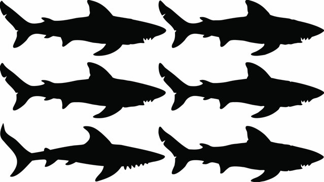 Set of black shark silhouettes in various swimming positions