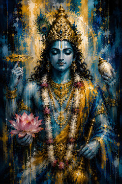 blue and golden artistic modern abstract paint art of lord vishnu