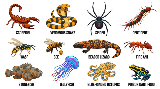 Venomous and Poisonous Creatures Chart Vector Illustration