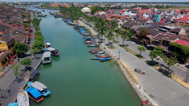 Aerial view of Hoi An old town or Hoian ancient town. Royalty high-quality free stock footage of Hoi An old town. Hoi An is UNESCO world heritage, one of the most popular destinations in Vietnam