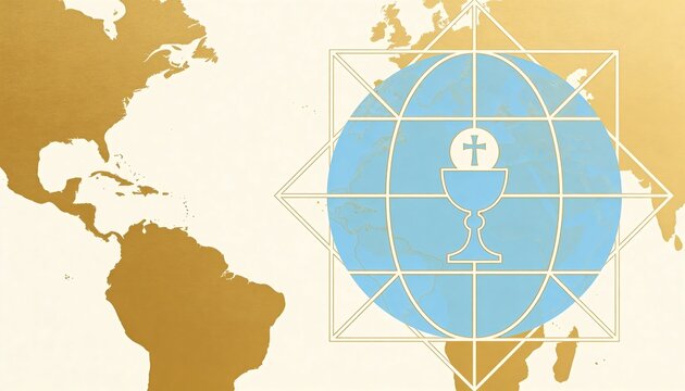Corpus Christi concept with chalice and host over a blue globe. Global Christianity and Holy Communion symbol on a gold world map background.
