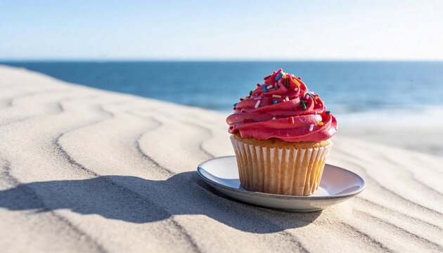 Pink frosted cupcake with colorful sprinkles on a sandy beach. Sweet dessert by the ocean under a clear blue sky. Summer celebration concept