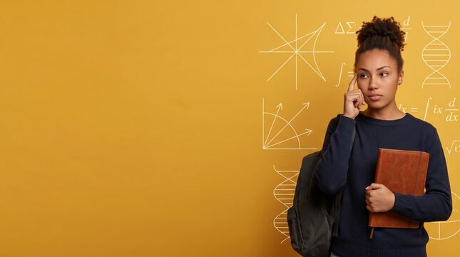 Student contemplating science concepts classroom portrait yellow background thoughtful perspective
