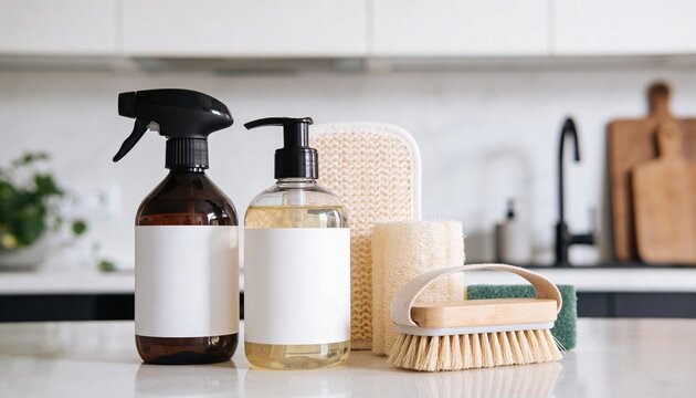 Natural cleaning products on a modern kitchen counter. Amber spray and pump bottles with blank white labels for mockup. Sustainable household supplies with wooden brush and loofah