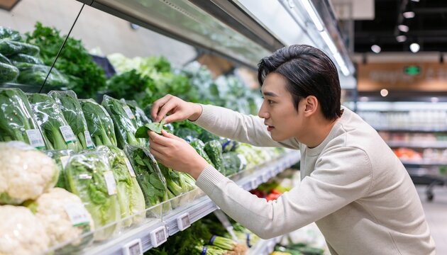 Young Asian man selecting fresh vegetables in a supermarket. Customer choosing healthy produce for a balanced diet. Concept of longevity and wellness through nutrition