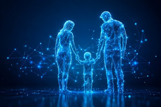 Digital abstract family of parents and child in blue. global day of parents, happy parent's day