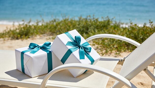Two white gift boxes with teal ribbons on a beach lounge chair. Summer vacation celebration and tropical holiday surprise concept. Luxury travel gifts by the ocean