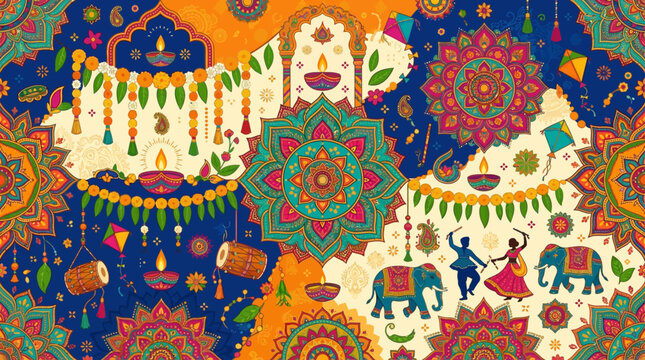 Flat vector Indian festival seamless pattern, mandala ornaments and colorful cultural decorations

