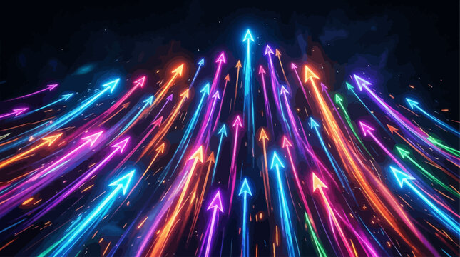 Colorful arrows shooting upward in dark background with neon lights