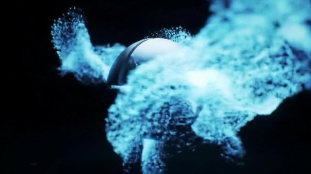 A sleek, abstract sphere with modern paneling and reflective surfaces, illuminated by vibrant blue digital energy, rotates in a deep black void. Concept of AI-driven data intelligence