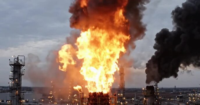 Massive explosion and fire at an oil refinery with thick black smoke billowing into a cloudy sky, industrial disaster concept