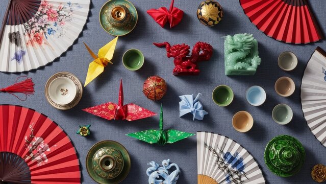 Asian cultural objects arranged on a blue textured surface, with fans, origami cranes, and ceramic tea cups.