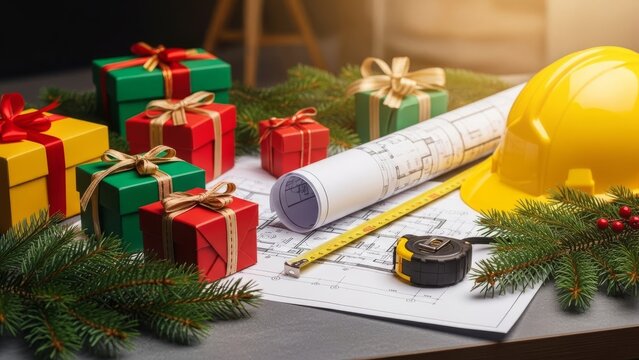 Holiday gifts and blueprints on a construction desk.