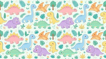 Flat vector kawaii dinosaur seamless pattern, pastel dinosaurs with cute expressions and plants   © Maftuh