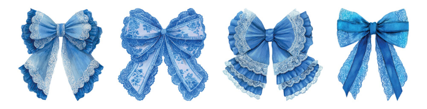 Blue watercolor bows in soft baby blue with lace, ruffles and vintage inspired patterns, delicate, ornate decorative set ideal for fashion, accessories, gifts, and romantic design
