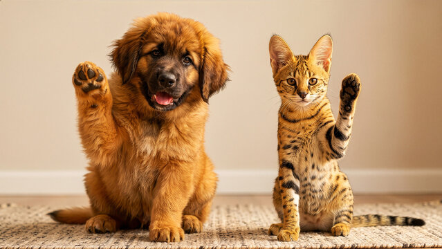 Tibetan Mastiff Puppy and Savannah Cat Raising Paws Together on Rug in Home Interior Portrait