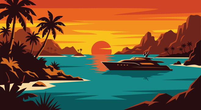 Tropical Sunset Beach with Luxury Yacht Vector Landscape Illustration