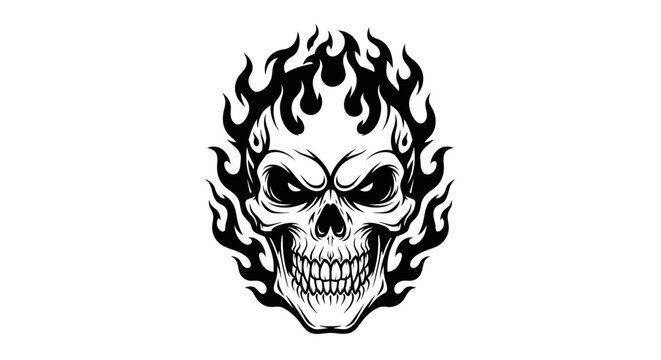 Human skull engulfed in stylized licking flames.