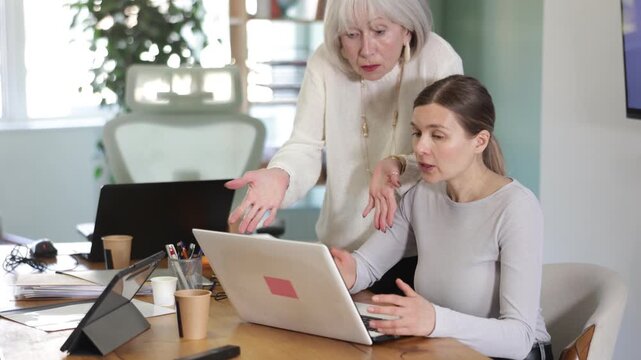 Female mature boss yells at woman employee, staff work at computer and reprimanded by management. Boss is dissatisfied with quality of work, is outraged by unsatisfactory competence of employee 
