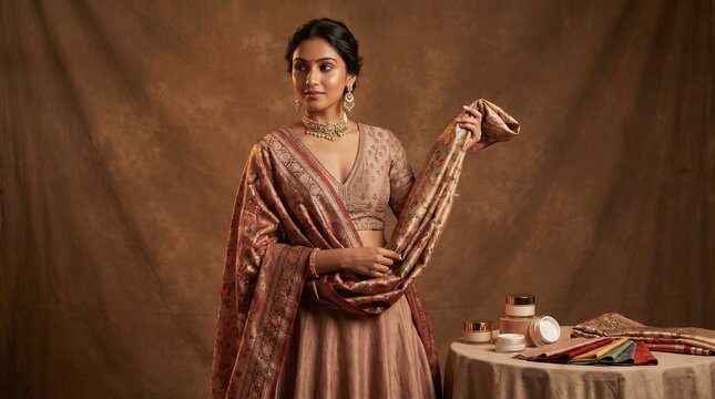 Beautiful Indian woman in traditional lehenga showcasing rich ethnic fabrics and cosmetics
