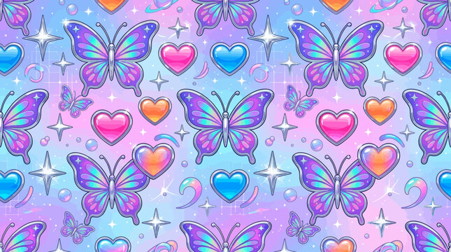 Modern Y2K seamless pattern, chrome stars, butterflies and glossy hearts, colorful futuristic flat vector style