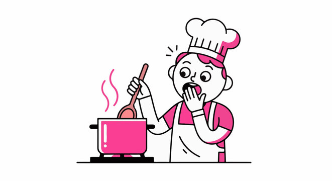 Shocked Cartoon Chef Overheating While Cooking Pot.