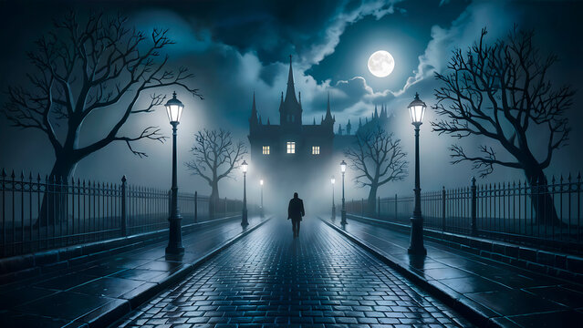 A lone figure walking down a misty, cobblestone street towards a gothic castle under a full moon