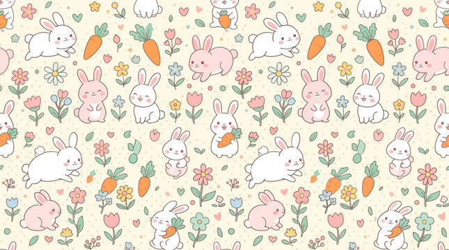 Kawaii rabbit seamless pattern, carrots and flowers, pastel flat vector illustration, playful cute aesthetic