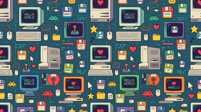 Flat vector retro computer seamless pattern, old monitors, floppy disks and pixel icons, colorful nostalgic technology illustration

