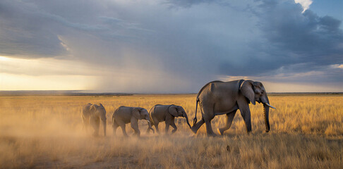 A family of african elephants walking through dry grass in the savanna under