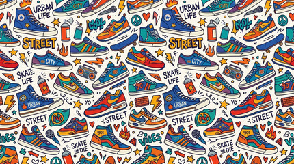 Fototapeta premium Modern sneaker seamless pattern, street fashion shoes and urban doodles, colorful flat vector design